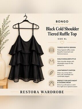 Bongo Black Layered Chiffon Cami Tank Top XL Sheer Ruffle Flowy